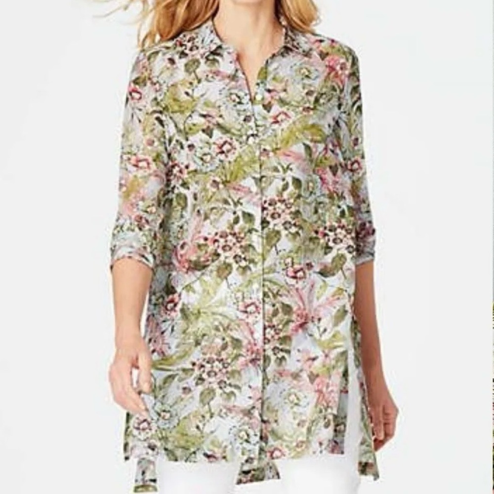 J Jill Silk Blend Floral Hummingbird Pattern Button Up Tunic Size Large